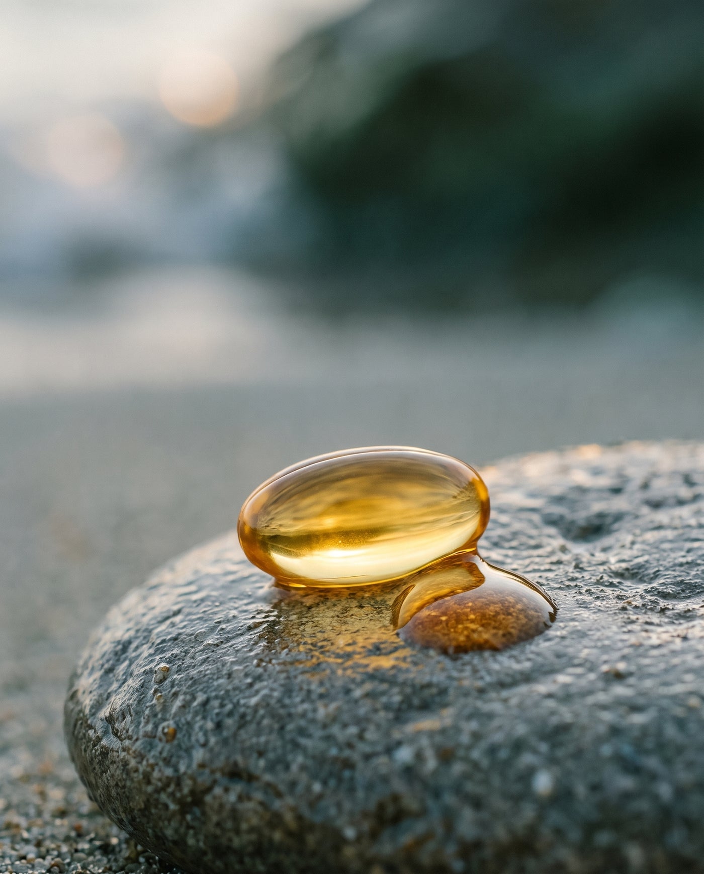 A golden algae-oil softgel and a droplet of oil on wet sea-stone in soft coastal light.