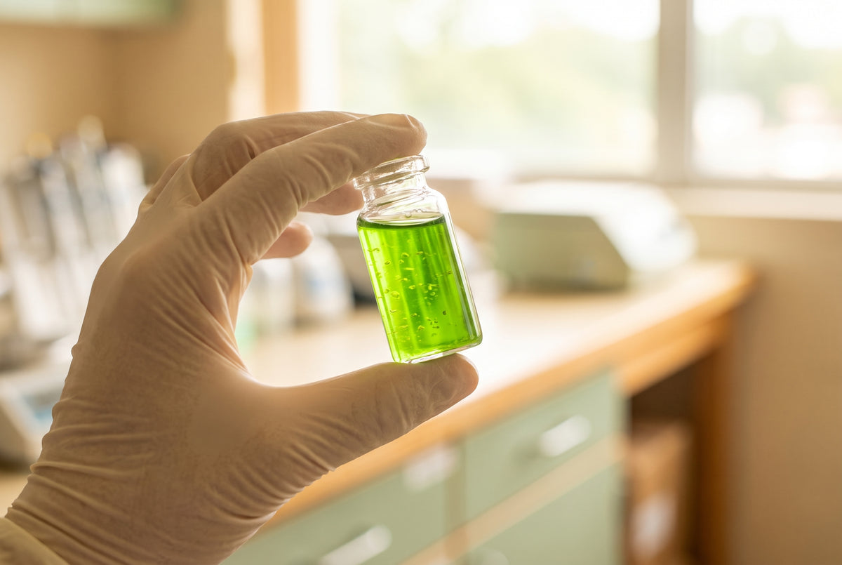 A gloved hand holding a vial of luminous green microalgae culture in a bright lab.