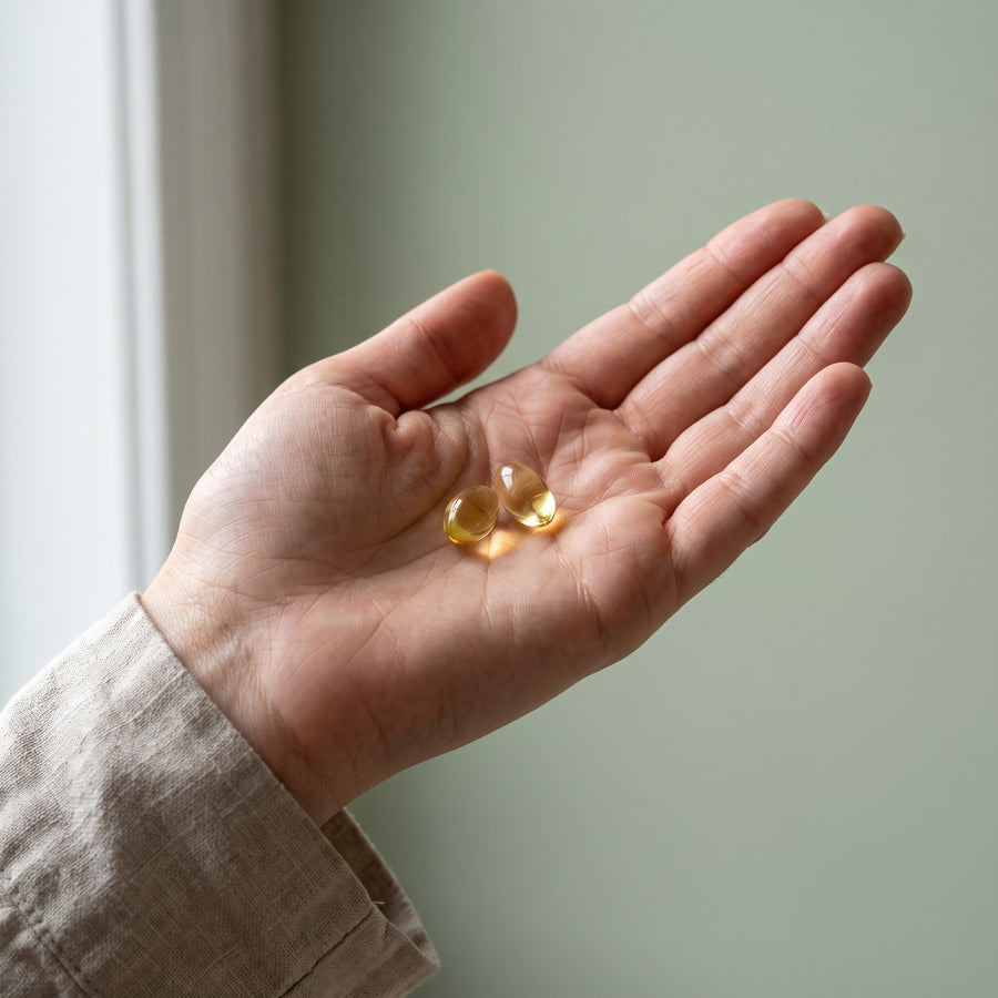 Two small golden-yellow softgel capsules resting in the palm of a person's hand, with a neutral, soft-focus background.
